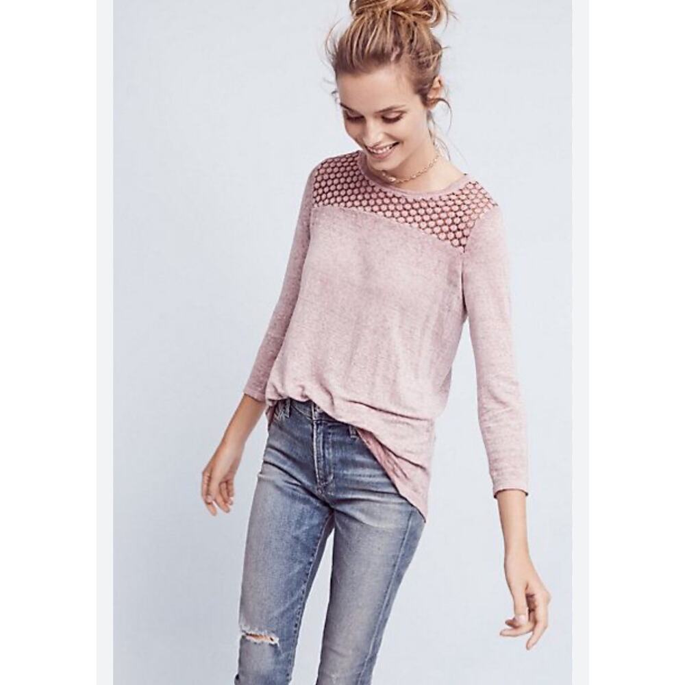 Anthropologie Akemi + Kin 100% Linen Rose Pink Top Crochet Lace Back Women’s Med